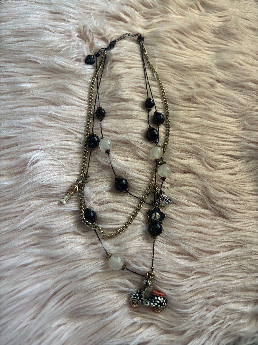 Betsey Johnson Black and White Bead Multi-Strand Necklace with Scooter Charm